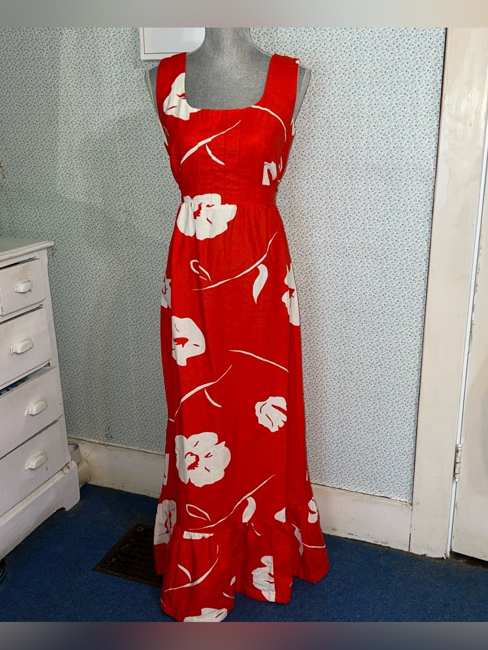 Malia Honolulu Women's Vintage Floral Print Red White Ruffle Maxi Dress 14